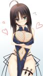  1girl ahoge alternate_costume arms_under_breasts bare_shoulders black_hair black_ribbon blue_dress blunt_ends blush breasts chinese_clothes cleavage commentary_request covered_navel covered_nipples cowboy_shot dress embarrassed eyes_visible_through_hair fishnet_top fishnets flying_sweatdrops green_eyes groin hair_between_eyes highres hitachi_mako kanaya_(cybelekanaya) kunai large_breasts looking_at_viewer ninja no_panties nose_blush open_mouth parted_bangs pelvic_curtain qipao ribbon senren_banka shiny_skin short_hair_with_long_locks simple_background skindentation sleeveless sleeveless_dress solo straight_hair thigh_strap thighs weapon white_background 