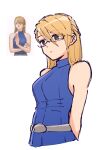  1girl ace_attorney adrian_andrews alonemistrist arms_behind_back bare_shoulders belt black_eyes blonde_hair blue_dress breasts commentary_request dress glasses grey_belt hair_between_eyes large_breasts long_hair official_art_inset parted_lips sleeveless sleeveless_dress solo white_background 