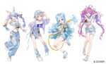  4girls :d ;d ahoge animal_ears baseball_cap belt bikini bikini_bottom_under_shorts bikini_under_clothes black_shorts blonde_hair blue_eyes blue_hair blue_hat blue_pants blue_skirt bow braid breasts carrot_hair_ornament center-flap_bangs colored_inner_hair colored_tips commentary_request copyright_notice cropped_shirt denim denim_shorts denim_skirt extra_ears food-themed_hair_ornament full_body gradient_hair hair_bow hair_intakes hair_ornament hat highres holding holding_hose hololive hololive_dev_is hololive_indonesia hose kikirara_vivi kobo_kanaeru long_hair looking_at_viewer medium_breasts midriff multicolored_hair multiple_girls navel official_alternate_costume official_art one_eye_closed open_mouth orange_eyes pants pink_hair pisuke_wan platform_sandals purple_eyes purple_hair purple_streaks rabbit-shaped_pupils rabbit_ears rabbit_girl sandals shirt shirt_tucked_in shoes short_eyebrows short_hair short_shorts shorts sidelocks simple_background skirt small_breasts smile sneakers star-shaped_pupils star_(symbol) streaked_hair swimsuit symbol-shaped_pupils t-shirt thick_eyebrows thigh_belt thigh_strap todoroki_hajime toes torn_clothes torn_skirt twin_braids twintails two_side_up usada_pekora very_long_hair virtual_youtuber water wavy_hair white_background white_bikini white_hair white_shirt white_shoes 