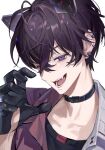 1boy animal_ears arm_up black_choker black_gloves black_hair black_shirt choker claw_pose collarbone collared_shirt commentary_request crossed_bangs ear_piercing earclip earrings eyebrows_hidden_by_hair fake_animal_ears fang gloves hair_between_eyes head_tilt highres jewelry korean_commentary looking_at_viewer male_focus messy_hair nijisanji one_eye_closed open_mouth piercing purple_eyes purple_shirt saiki_ittetsu saiki_ittetsu_(1st_costume) sepo shirt short_hair simple_background smile solo stud_earrings two-tone_shirt upper_body virtual_youtuber white_background white_shirt 