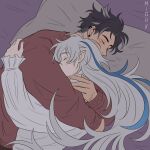  2boys black_hair blue_hair closed_eyes commentary cuddling ear_piercing earrings english_commentary frilled_sleeves frills genshin_impact grey_hair jewelry long_hair long_sleeves lying male_focus miohmiohx multicolored_hair multiple_boys multiple_earrings neuvillette_(genshin_impact) on_side parted_bangs piercing pillow pointy_ears red_sweater shirt short_hair streaked_hair stud_earrings sweater upper_body very_long_hair white_shirt wriothesley_(genshin_impact) yaoi 