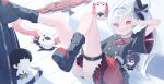  1girl :d absurdres ankle_boots aru_(blue_archive) ass bare_legs black_boots black_bow black_skirt blue_archive boots bow character_doll clothes_between_thighs commentary doll doodle_sensei_(blue_archive) dot_nose full_body grin hair_bow hand_up haruka_(blue_archive) highres kayoko_(blue_archive) legs legs_up long_hair looking_at_viewer lying multiple_girls mutsuki_(blue_archive) mya_lo ok_sign ok_sign_over_eye on_back on_floor red_eyes red_ribbon red_skirt ribbon sensei_(blue_archive) side_ponytail skirt smile solo thigh_strap weapon weapon_on_floor weapon_request white_hair 
