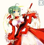  1girl ahoge blue_eyes blush braid braided_base breasts bun_with_braided_base closed_mouth commentary cosplay cowboy_shot dress dutch_angle epaulettes fate/extra fate_(series) frilled_sleeves frills frog_hair_ornament green_hair hair_bun hair_ornament holding holding_sword holding_weapon kochiya_sanae large_breasts leotard leotard_under_clothes long_sleeves looking_at_viewer nero_claudius_(fate) nero_claudius_(fate)_(cosplay) nero_claudius_(fate/extra) ngirln4 red_dress see-through_clothes see-through_dress short_hair simple_background single_hair_bun smile solo sword touhou weapon white_background white_leotard 