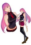  1girl belt black_belt black_shirt black_thighhighs blunt_bangs brown_shoes commentary_request earrings full_body highres hime_cut jewelry korean_commentary light_blush long_hair midriff morry ofuda one_eye_closed original pants pencil_skirt pink_hair purple_eyes red_pants shirt shoes simple_background skirt solo thighhighs very_long_hair white_background wrist_cuffs yoko_(morry) 
