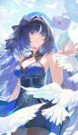  1girl absurdres bare_shoulders beret bird black_bow black_eyes black_hair black_skirt blue_hat blue_shirt bow breasts commentary envelope feather_hair hair_intakes hand_up hat hat_bow high-waist_skirt highres long_hair looking_at_object medium_breasts mole mole_under_eye parted_lips shin_oooooo shirt skirt solo white_bird wuthering_waves yangyang_(wuthering_waves) 