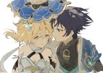  1boy 1girl anemo_symbol_(genshin_impact) arm_around_another's_back arm_cutout armor bare_shoulders black_bodysuit black_bridal_gauntlets black_eyes black_gloves black_hair blonde_hair blue_cape blue_feathers blue_flower blue_gem blue_hat blue_jingasa blue_kimono blue_sleeves blue_trim blunt_ends bodysuit breasts bridal_gauntlets cape choppy_bangs cleavage closed_mouth clothing_cutout commentary couple covered_collarbone detached_sleeves dress eyelashes eyeliner feathers fingernails flower gem genshin_impact gloves gold grey_hair hair_between_eyes hair_flower hair_ornament halterneck hand_on_another's_arm hand_up hat hetero highres japanese_armor japanese_clothes jingasa juban kimono kosokawa kote kurokote light_blush looking_at_another lumine_(genshin_impact) makeup mandarin_collar medium_breasts multicolored_flower multicolored_hair open_clothes open_kimono partially_fingerless_gloves red_eyeliner scaramouche_(genshin_impact) scarf shared_hat short_hair short_hair_with_long_locks short_sleeves shoulder_peek side_cape sidelocks sketch smile streaked_hair tareme tsurime vision_(genshin_impact) wanderer_(genshin_impact) white_background white_dress white_flower white_kimono white_scarf white_sleeves white_trim yellow_eyes 