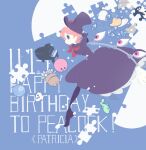  1girl abstract_background ball billiard_ball black_eyes blue_background bowling_ball capelet commentary_request contrapposto cup dated disembodied_linked_eye dress flower_pot from_side grand_piano happy_birthday hat icebanana instrument mechanical_arms no_pupils orange_hair peacock_(skullgirls) piano pouch purple_capelet purple_dress purple_hat puzzle_piece sentient_object short_hair skullgirls sleeveless sleeveless_dress solo teacup top_hat walking 