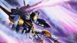  absurdres arm_shield armor armor_skirt battle beam_cannon beam_rifle blue_armor copyright_notice earth_federation energy_beam energy_cannon energy_gun energy_wings exhaust feet_out_of_frame firing from_side glowing glowing_eyes green_eyes gundam gundam_battle_operation_2 highres holding holding_energy_gun holding_weapon knee_up looking_to_the_side mecha mecha_focus mobile_suit multicolored_armor no_humans official_art robot science_fiction shoulder_armor shoulder_cannon solo space sunrise_(company) tenjin_hidetaka v-fin v2_assault-buster_gundam v2_gundam victory_gundam weapon white_armor yellow_armor zero_gravity 