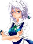  blue_eyes izayoi_sakuya knife maid_headdress serious solo touhou wa_(r_waizumi) white_background 