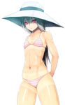  abs amano_shinobu bikini flat_chest grey_hair hat highres navel onibi_(foxhound4185) original red_eyes simple_background solo striped striped_bikini swimsuit tan tanline toned white_background 