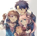  1girl 2boys blue_coat brown_gloves brown_hair closed_eyes coat commentary_request double-parted_bangs eiyuu_densetsu enoki_nai gloves hair_slicked_back hand_on_another's_head highres holding holding_stuffed_toy holding_toy kuro_no_kiseki_(series) kuro_no_kiseki_ii multicolored_hair multiple_boys nadia_rayne open_mouth pink_hair simple_background smile stuffed_animal stuffed_toy swin_abel teddy_bear toy two-tone_hair van_arkride 