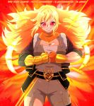  1girl bandana bandana_around_neck blonde_hair blush breasts brown_jacket brown_jumpsuit cleavage clenched_hands commentary english_commentary eyelashes fingerless_gloves fire floating_hair fur-trimmed_jacket fur_trim gloves grin jacket jumpsuit long_hair mechanical_arms official_alternate_eye_color open_clothes open_jacket orange_bandana orange_gloves own_fists_together prosthesis prosthetic_arm red_eyes rwby schrwby single_fingerless_glove single_glove single_mechanical_arm smile solo yang_xiao_long yang_xiao_long_(atlas) 