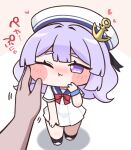  1boy 1girl anchor_symbol black_socks blue_sailor_collar bow bracelet cheek_press commentary_request dress fewer_digits heart highres jewelry leader_(trickcal) medium_hair motion_lines official_alternate_costume one_eye_closed pleated_dress purple_eyes purple_hair red_bow sailor_collar sailor_dress shadow shoes socks suwa_yasai trickcal white_shoes yomi_(trickcal) 