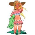  1boy absurdres bare_legs bikini blonde_hair bulge commentary_request crossdressing crossdressing_(mtf) flower freckles hat hat_flower highres holding holding_swim_ring looking_at_viewer male_focus mayagain microskirt misogiya_kaoru navel partially_submerged pink_skirt reiwa_no_dara-san simple_background skirt smile solo stomach striped_bikini striped_clothes sun_hat swim_ring swimsuit tan tanlines thighs thong thong_bikini trap water wet 