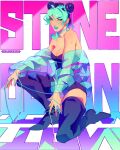  1girl aqua_hair artist_name asymmetrical_bangs bare_shoulders black_hair blue_boots blue_jacket blue_leotard blue_lips boots braid braided_bun braided_ponytail breasts choker cleavage cone_hair_bun copyright_name delicourse double_bun full_body green_eyes hair_bun highres jacket jojo_no_kimyou_na_bouken kneeling kujo_jolyne leotard long_bangs looking_at_viewer makeup medium_breasts multicolored_hair off_shoulder on_one_knee parted_bangs ribbon_choker see-through_clothes see-through_jacket solo stone_ocean strapless strapless_leotard string thigh_boots thighhighs two-tone_hair 