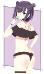  1girl absurdres alternate_costume ass back bare_shoulders bikini black_bikini black_choker black_hair blush bob_cut choker commentary cowboy_shot crossed_bangs double_bun eyebrows_hidden_by_hair food frilled_bikini frills from_behind green_eyes hair_between_eyes hair_bun hair_intakes hand_on_own_hip hand_up highres holding holding_food holding_ice_cream holding_ice_cream_cone ice_cream ice_cream_cone limelight_lemonade_jam looking_at_viewer looking_back medium_hair minjyasu4910 mole mole_under_eye multicolored_hair nabari_anju off-shoulder_bikini off_shoulder purple_background purple_streaks simple_background solo streaked_hair swimsuit thigh_strap watch wristwatch 