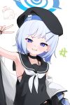  2girls absurdres armpit_focus armpits asuna_(blue_archive) beret black_choker blue_archive blue_eyes blue_hair blue_halo bonefire0909 choker commentary_request doodle_inset hair_ornament hairclip halo hat highres jacket korean_commentary multiple_girls sailor sailor_collar solo_focus sumika_(blue_archive) 