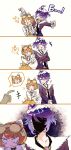  1boy 1girl 1other :d anger_vein animal_ear_hairband animal_ears black_nails blue_eyes blueberry bob_cut bruise bruised_eye cat_ear_hairband cat_ears commentary_request dress eyes_in_shadow fake_animal_ears fang food fruit goggles goggles_on_head hairband highres icing identity_v injury lolita_fashion luca_balsa official_alternate_costume orange_dress orange_hair purple_eyes purple_hair qlo3olp4 short_hair smile spoken_anger_vein tearing_up tracy_reznik tracy_reznik_(candy_girl) 