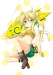  blonde_hair blush boots bottle c.c._lemon c.c._lemon_(character) crop_top green_eyes hoshizuki_(seigetsu) impossible_clothes impossible_shirt long_hair midriff navel shirt short_shorts shorts side_ponytail smile solo 