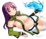  1girl areola_slip black_bridal_gauntlets blue_fire blush breasts bridal_gauntlets closed_mouth commentary_request covered_nipples cowboy_shot detached_sleeves fire goshouin_kyou green_sleeves large_breasts long_hair looking_at_viewer lying netoge_no_yome_wa_onna_no_ko_janai_to_omotta? ngirln4 on_side purple_hair pyrokinesis simple_background skirt smile solo white_background white_skirt yellow_eyes 