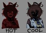  1girl absurdres agnes_tachyon_(tach-nology)_(umamusume) agnes_tachyon_(umamusume) ahoge animal_ears black_eyes black_necktie black_shirt brown_hair chemical_structure coat collared_shirt crazy_eyes crazy_smile ear_ornament earrings grey_background highres horror_(theme) horse_ears horse_girl huge_ahoge jewelry lab_coat looking_at_viewer medium_hair nagai_negi necktie open_mouth red_eyes shaded_face shirt short_necktie simple_background single_earring smile sweater umamusume white_coat wolf_cut yellow_sweater 