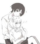  ... 1boy 1girl alternate_costume blunt_ends candy choppy_bangs clenched_hand closed_mouth collared_shirt contemporary couple eyelashes eyeliner flower food genshin_impact greyscale hair_flower hair_ornament hand_on_another's_shoulder hand_on_another's_stomach hetero highres holding holding_candy holding_food holding_lollipop kosokawa lollipop looking_at_another looking_to_the_side lumine_(genshin_impact) makeup monochrome pants pleated_skirt red_eyeliner scaramouche_(genshin_impact) school_uniform shirt short_hair short_hair_with_long_locks short_sleeves sidelocks sitting sketch skirt smile split_mouth spoken_ellipsis spot_color three-quarter_sleeves twitter_username vest white_background 