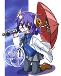  blue_hair glasses kugelschreiber looking_at_viewer open_mouth purple_eyes ryuuguuji_shigure shinrabanshou short_hair smile solo umbrella 