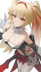  1girl absurdres bare_shoulders blonde_hair blush breasts claret_flint commentary cowboy_shot detached_sleeves gem grin hair_intakes hair_ribbon hand_up highres large_breasts long_hair looking_at_viewer multicolored_hair navel painorne red_eyes red_gem red_hair red_nails red_ribbon red_streaks ribbon simple_background smile solo streaked_hair thighhighs twintails unfinished white_background white_thighhighs zenless_zone_zero 