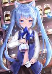  1girl absurdres animal_ears animal_on_head blue_bow blue_eyes blue_hair blush bow can canned_coffee cat_ears coffee coffee_pot commentary_request cup drink_can gochuumon_wa_usagi_desu_ka? highres holding holding_cup kafuu_chino looking_at_viewer navel nekopurin_(nyanko_prin) on_head open_clothes rabbit rabbit_house_uniform rabbit_on_head solo twintails waitress 