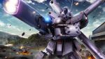 absurdres battle beam_rifle blue_eyes building cloud cloudy_sky copyright_notice crossbone_gundam crossbone_vanguard debris energy energy_gun firing flint_(gundam) glowing glowing_eyes gundam gundam_battle_operation_2 highres mecha mecha_focus mobile_suit muzzle_flash no_humans official_art radio_antenna realistic robot science_fiction sky solo sunrise_(company) tenjin_hidetaka textless_version war weapon 