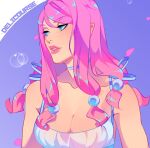  1girl alternate_costume artist_name blue_choker blue_dress blue_eyes breasts choker cleavage commentary cropped delicourse dress english_commentary hair_bobbles hair_ornament hirose_yasuho jojo_no_kimyou_na_bouken jojolion large_breasts long_hair looking_to_the_side medium_breasts parted_lips petals pink_hair pink_lips see-through_clothes see-through_dress solo 