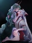  2girls adversarial_noise barefoot bow collared_shirt commentary_request dress ex-keine extra_eyes eye_contact fujiwara_no_mokou green_dress green_hair grey_hair hair_bow highres horn_bow horn_ornament horns imminent_kiss kamishirasawa_keine long_hair looking_at_another mokoiscat multiple_girls multiple_hair_bows ofuda ofuda_on_clothes pants puffy_short_sleeves puffy_sleeves red_bow red_eyes red_pants revision shirt short_sleeves soles suspenders tail thighs toes touhou very_long_hair white_shirt yuri 