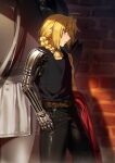  2boys ahoge alphonse_elric artist_name automail belt black_pants black_tank_top blonde_hair braid braided_ponytail brick_wall brothers brown_belt closed_mouth coat curtained_hair edward_elric from_side fullmetal_alchemist hair_tie highres holding holding_coat holding_unworn_clothes kanoir living_armor male_focus mechanical_arms multiple_boys pants red_coat siblings single_mechanical_arm solo_focus standing tank_top thumb_in_pocket unworn_coat yellow_eyes 