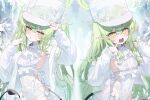  2girls :o alternate_costume ascot black_tail blue_archive blush breasts commentary_request covered_navel cowboy_shot demon_girl demon_tail fang frills green_hair green_halo groin hair_between_eyes hair_ribbon halo hand_on_headwear hat highres hikari_(blue_archive) jacket kabedoru leotard long_hair long_pointy_ears long_sleeves looking_at_viewer multiple_girls nozomi_(blue_archive) open_clothes open_jacket open_mouth peaked_cap pointy_ears ribbon see-through_clothes see-through_hat see-through_jacket sideboob sideless_leotard sidelocks small_breasts sweat tail thighhighs twintails very_long_hair white_ascot white_hat white_jacket white_leotard white_ribbon white_thighhighs yellow_eyes 