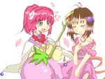  2girls ahoge aqua_eyes blush braid brown_hair cape choker dress eyes_closed hair_ornament long_hair multiple_girls open_mouth pink_hair ponytail reala rubia_natwick short_hair staff tales_of_(series) tales_of_destiny_2 tales_of_the_tempest weapon 