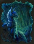 avian beak blue blue_feathers blue_theme feral forest gryphon hibbary night photo red_eyes scan solo tree wings wood 