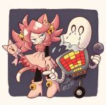  1boy 1girl 1other absurdres ahoge animal_ears bell_ear_ornament blue_eyes border cat_ears cat_girl cat_tail commentary_request cousins crying ghost heart_locket highres holding holding_microphone holding_wand mad_mew_mew magical_girl mettaton mettaton_(box) microphone napstablook pink_frills pink_hair signature smug tail undertale utdr_(toby_fox) wand wheel white_border yumekui_mk 