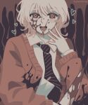  1boy :d blood blood_on_face blush brown_background brown_cardigan brown_necktie brown_theme cardigan collared_shirt hand_to_own_mouth heart highendsheep highres holding holding_knife knife limited_palette lower_teeth_only male_focus male_yandere necktie saihate_eki shirt smile solo tatsunami_shion teeth white_shirt yandere 