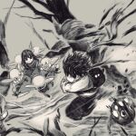  1boy 1girl bare_tree battle blood commentary_request dagger death disembodied_head fantasy full_body goblin holding holding_dagger holding_knife holding_sword holding_weapon jun_(navigavi) kidnapping knife long_hair long_sleeves looking_at_another monochrome monster motion_blur open_mouth original outdoors pointy_ears shirt short_hair sketch sword tree tusks weapon 