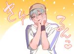  1boy alien_stage beanie brown_hat closed_mouth commentary green_eyes grey_hair hand_on_own_face hat highres male_focus pome_memen shirt short_hair solo till_(alien_stage) tongue tongue_out translation_request very_short_hair white_shirt yellow_background 