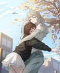  2girls absurdres ahoge autumn autumn_leaves black_jacket blue_pants blue_sky brown_hair clear_sky closed_eyes closed_mouth commentary_request couple cowboy_shot day denim grey_hair grey_shirt hand_in_another's_hair hand_on_another's_head heart heart_ahoge highres hug jacket jeans korean_commentary layered_skirt leaf long_hair long_sleeves miniskirt multiple_girls mutual_hug off-shoulder_shirt off_shoulder one_eye_closed original outdoors pants purucon red_eyes shirt short_hair skirt sky sleeves_past_wrists smile standing white_skirt yuri 