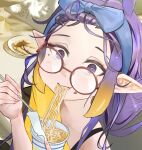  1girl :t blue_hairband blush bra_strap chopsticks commentary eating english_commentary food food_in_mouth food_on_face from_above glasses gradient_hair hairband highres holding holding_chopsticks hololive hololive_english instant_cup_noodles instant_noodles instant_ramen looking_at_viewer mole mole_under_eye multicolored_hair ninomae_ina'nis noodles off-shoulder_shirt off_shoulder orange_hair pointy_ears purple_eyes purple_hair ramen red-framed_eyewear round_eyewear shirt solo tentacle_hair vinoillust virtual_youtuber yellow_shirt 