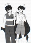  2boys arm_on_another's_shoulder black_hair cape chinese_commentary commentary_request crown false_memory greyscale guan_chao_(false_memory) halo hands_in_pockets high-visibility_clothing high-visibility_vest highres id_card jacket looking_at_viewer male_focus mini_crown monochrome multiple_boys pants protagonist_halo shirt short_sleeves shorts simple_background smile sweatdrop v watermark weibo_username weibo_watermark white_background white_shirt yya0ann 