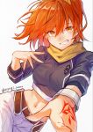  1girl artist_name asagi_tsuzumi belt bracelet breasts chaldea_logo command_spell commentary_request cowboy_shot crop_top fate/grand_order fate_(series) fujimaru_ritsuka_(female) fujimaru_ritsuka_(female)_(true_ether_chaldea_uniform) hair_ornament hair_scrunchie highres jewelry medium_breasts midriff navel official_alternate_costume one_side_up orange_eyes orange_hair orange_scarf orange_scrunchie scarf scrunchie shorts smile solo white_shorts 