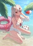  1girl :3 alternate_breast_size_(larger) ball barefoot beach beachball bikini breasts center-flap_bangs cleavage closed_mouth commentary_request day front-tie_bikini_top front-tie_top full_body gradient_hair grey_hair hair_between_horns highres hololive horns jacket large_breasts leeshin0919 lens_flare long_hair looking_at_viewer multicolored_hair nakiri_ayame navel oni outdoors poyoyo_(nakiri_ayame) red_eyes red_hair red_streaks see-through_clothes see-through_jacket sitting skin-covered_horns solo streaked_hair swim_ring swimsuit very_long_hair virtual_youtuber wet white_bikini white_jacket 