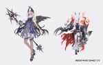  2026 2girls animal-themed_weapon animal_ears aqua_eyes armlet armor armored_leotard bandaged_ear bare_shoulders bell-bottoms belly_chain belt belt_boots black_belt black_boots black_eyes black_hair black_leotard black_tail black_thighhighs black_wings blonde_hair blue_bow blue_ribbon boots bow bowtie breastless_clothes breastless_leotard breastplate cape charm_(object) chest_sarashi claw_(weapon) commentary_request copyright_logo copyright_notice creature cross cross-laced_pants crown detached_sleeves dress fire flying fox_ears fox_girl fox_tail full_body gradient_hair gradient_tail hair_between_eyes hair_ornament head_wings high_collar holding holding_polearm holding_weapon huge_bowtie huge_weapon jewelry lanyard leotard lightning_bolt_print logo long_hair looking_at_viewer mini_crown multicolored_hair multiple_girls nia_(cyann_00) notched_ear o-ring o-ring_thigh_strap official_alternate_costume official_art open_mouth pants phase_connect platform_shoes polearm purple_bow purple_bowtie purple_crown purple_eyes purple_shoes purple_streaks red_cape ribbon rinkou_ashelia rinkou_ashelia_(pride) sarashi see-through_clothes see-through_dress seven_deadly_sins shoes short_hair simple_background single_detached_sleeve single_wing single_wrist_cuff sleeveless sleeveless_dress smirk snake_armband sparkle_hair_ornament spear spikes standing straight-on streaked_hair tail teeth tenma_maemi tenma_maemi_(wrath) theo_(tenma_maemi) thigh_strap thighhighs torn_cape torn_clothes v-shaped_eyebrows virtual_youtuber waist_cape weapon white_background white_hair white_pants white_tail wing_hair_ornament wings wrist_cuffs 