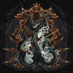  1other arazore_owo arthropod_girl black_eyes black_hair black_skin colored_skin commentary dress floating_hair full_body ghost grey_dress highres holding holding_weapon hollow_eyes hollow_knight hollow_knight:_silksong mask phantom_(hollow_knight) pin_(hollow_knight) standing untranslatable_commentary weapon white_eyes white_mask wraith_(hollow_knight) 