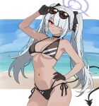  1girl adjusting_eyewear bern1y bikini black_bikini black_choker black_gloves black_tail blue_archive breasts choker commentary_request dark-skinned_female dark_skin demon_tail eyewear_on_head gloves grey_hair hair_over_one_eye halo halterneck hand_on_eyewear hand_on_own_hip highres iori_(blue_archive) iori_(swimsuit)_(blue_archive) long_hair medium_breasts multi-strapped_bikini_bottom navel official_alternate_costume pointy_ears purple_halo sharp_tail side-tie_bikini_bottom solo string_bikini sunglasses swimsuit tail twintails 