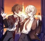  2boys :d akinashi_haru blood closed_eyes collared_shirt commentary cowboy_shot dress_shirt highres holding holding_hands holding_knife knife multiple_boys necktie saihate_eki shirt smile suit sunset tatsunami_shion train_interior untranslatable_commentary yaoi zetno997 