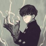  1boy closed_mouth collared_jacket commentary electricity fingernails hand_up highres jacket jun_(navigavi) kageyama_shigeo long_sleeves looking_to_the_side male_focus mob_psycho_100 monochrome nose rain short_hair solo upper_body very_short_hair 